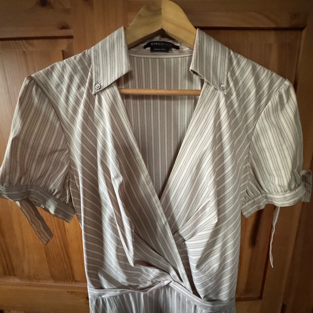 A-line cotton dress; ties on sleeves & waist; striped pattern